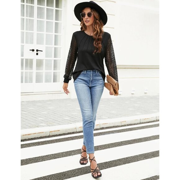 Women's Waffle Knit Tops Dressy Business Casual Blouses Lace Long Sleeve Black - Picture 4 of 8